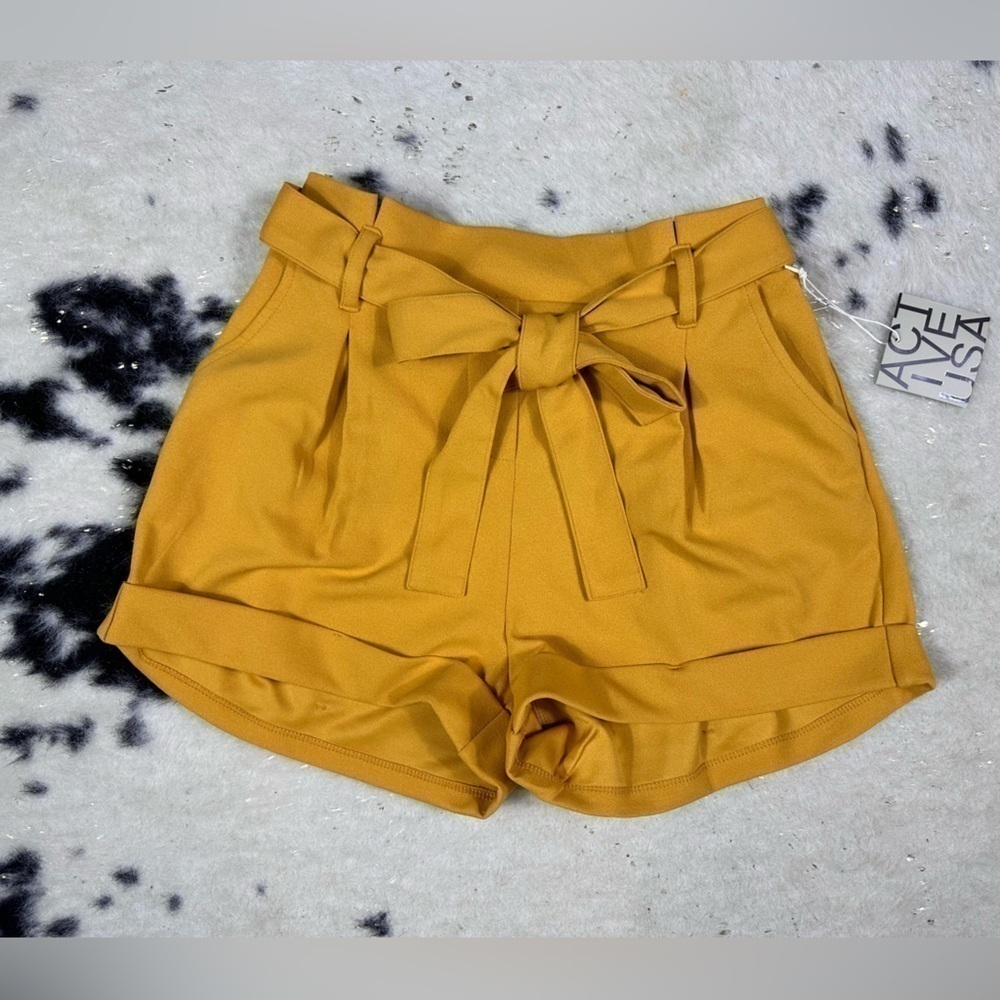 ACTIVE USA Women’s High Rise Mustard Yellow Tie Sash Elastic Waist Shorts